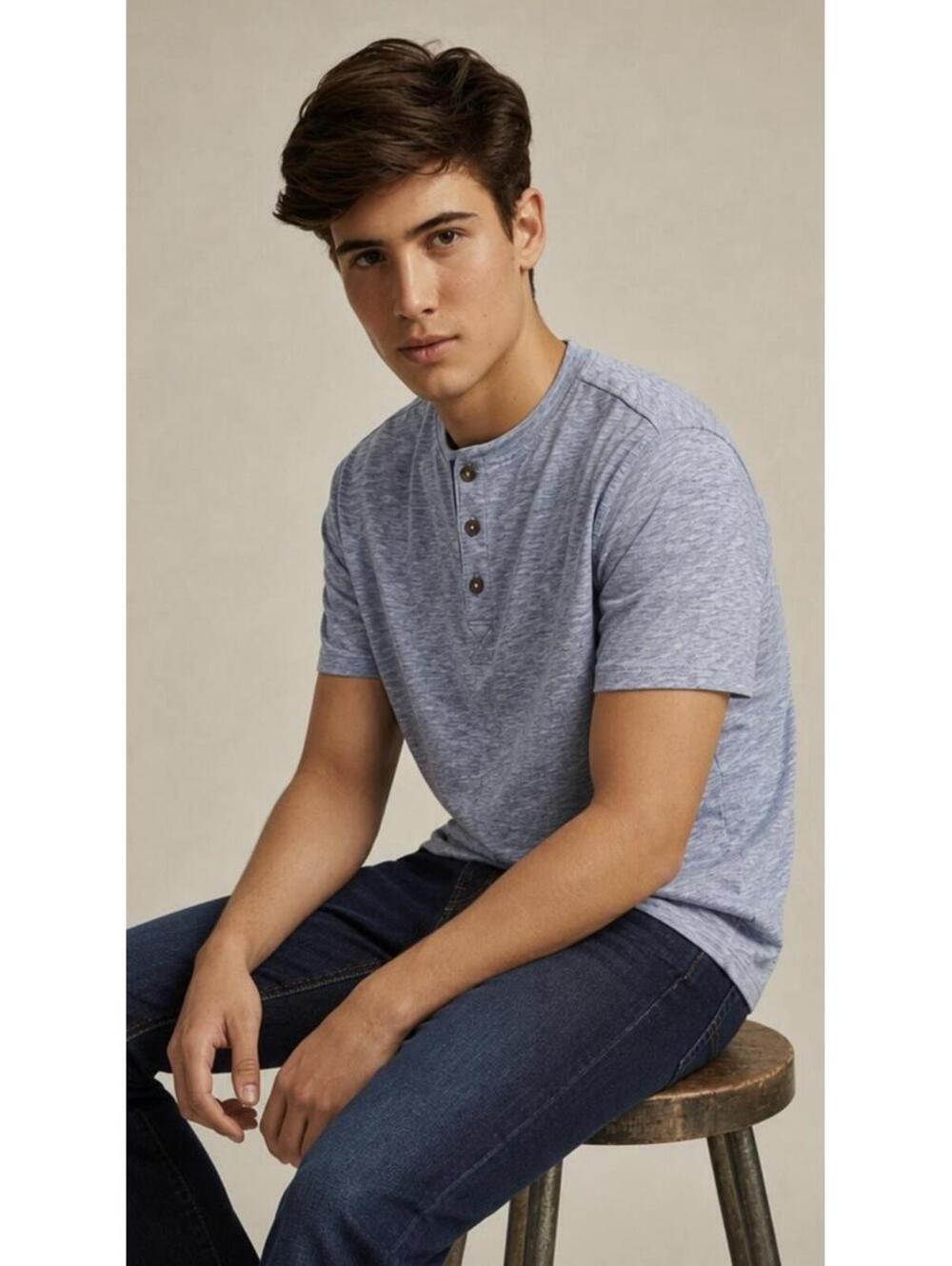 TOMMY BAHAMA Men’s Short Sleeve 3-Button Placket Henley in Heathered Blue-XL